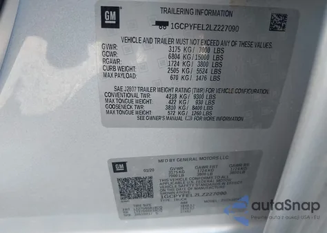 2020 Chevrolet Silverado 1500 4Wd Standard Bed Lt Trail Boss z USA, uszkodzony, nr VIN 1GCPYFEL2LZ227090